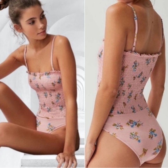 Urban Outfitters Women’s Out From Under Pink Rose Floral Smocked Bodysuit - Picture 2 of 11